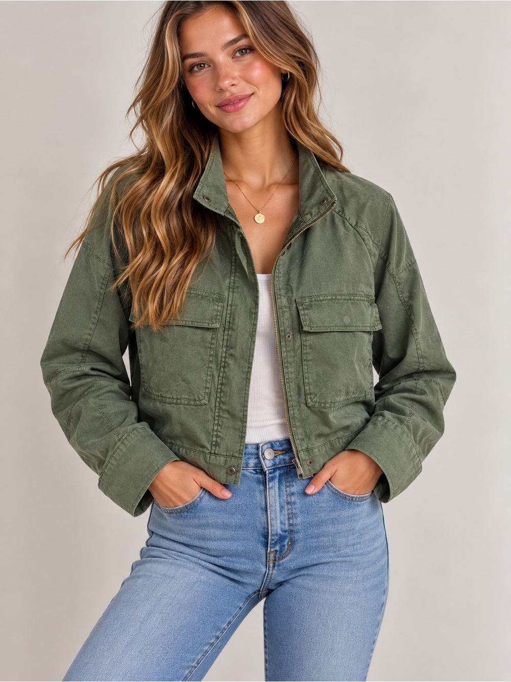 EVEREVE Medium Olive Green Linen Blend Cropped Utility Cargo Jacket